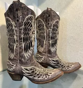 Corral Women's Cowboy Boot Size 7.5 Sequins Wings/Cross Distressed Brown Leather - Picture 1 of 9
