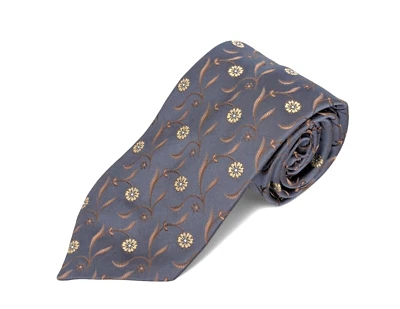 Gravata de seda Brioni feita à mão cinza escuro marrom dourado floral filigrana casamento formal - Imagem 1 de 4