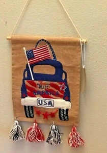 Stars & Stripes 4th of July God Bless America Burlap Embroidered Applique Banner - Picture 1 of 2