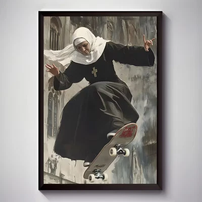 Funny Nun Skateboarding Poster, Religious Humor Wall Art,Catholic Gift, No Frame - Image 1 of 3