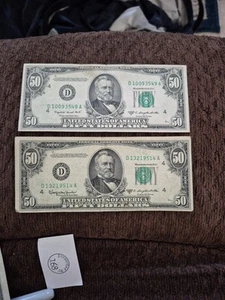 Vintage Set Of 2 1950C&D 50$ Dollar Federal Reserve Notes DA Block Cleveland - Picture 1 of 4