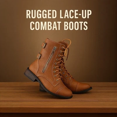 Botas de combate Top Moda para mujer de cuero sintético a mitad de la pantorrilla | Con cordones, acento de hebilla Foto 1 de 4