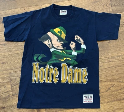 VTg 90s Notre Dame Fighting Irish TShirt L Graphic Blue Leprechaun NCAA Made USA - Image 1 of 4