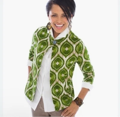 Chicos Green Linen Blazer Jacket Size 0 S/M Ikat Print One Button Career Office - Image 1 of 4