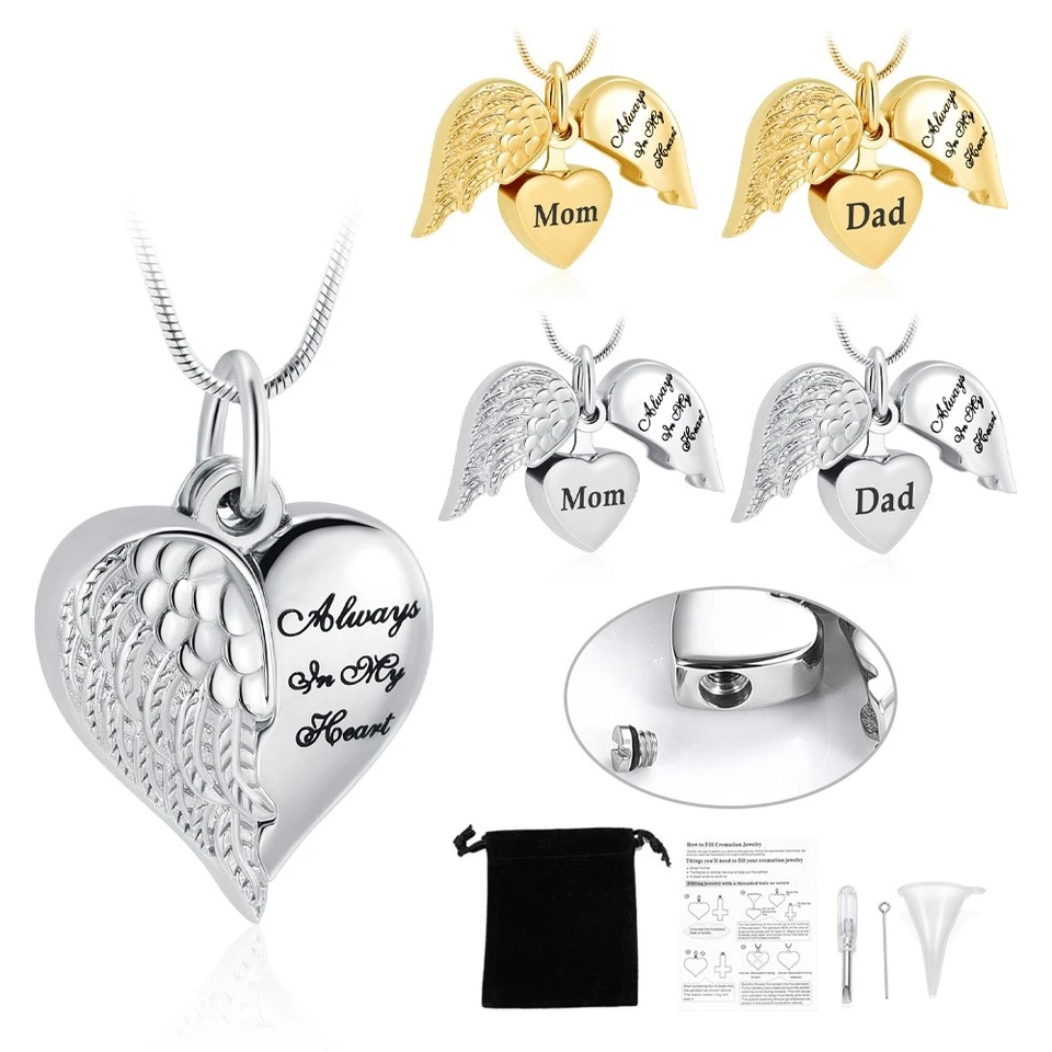 Colgante de urna de corazón con ala abierta collar conmemorativo de papá mamá para recuerdo de cenizas Foto 1 de 1