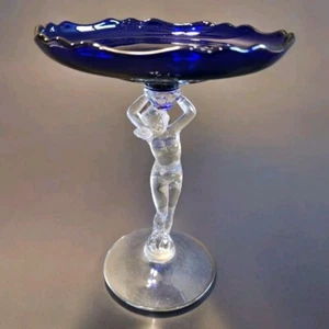 Vintage Cambridge Cobalt Blue Glass Compote With Nude Lady Clear Glass Figurine - Picture 1 of 12
