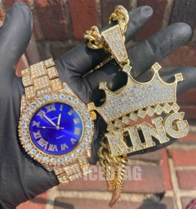 Reloj PT de lujo de oro azul helado, cadena KING CZ colgante de diamantes - Imagen 1 de 8