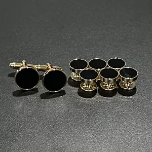 Round Gold Rim Onyx Cufflinks And Shirt Studs (6pcs) Set Men Wedding Gift In Box - Picture 1 of 8