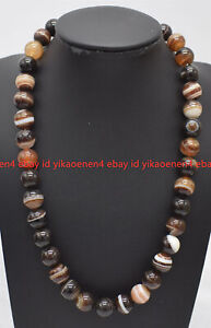 Genuine Natural 12mm Brown Striped Agate Round Gemstone Beads Necklace 18" AAA+