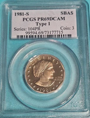 1981-S PCGS PR69 DCAM Type 1 Susan B Anthony One Dollar PCGS Graded US Coins $1 - Image 1 of 4