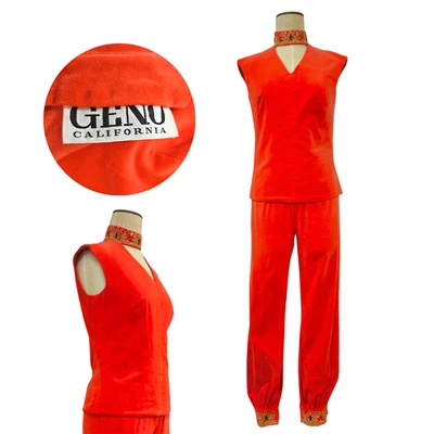 Vintage 1960s Geno California Electric Orange Jeweled Velvet 2pc Pant Set - Image 1 of 4