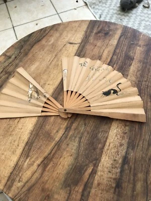 Vintage old French Victorian wood & painted Paper large Hand Held Folding Fan - Image 1 of 4