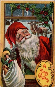 POSTAL NAVIDAD SANTA CLAUS ENTRANDO POR LA VENTANA - Imagen 1 de 2