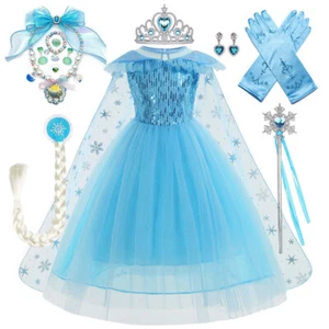 Kids Girls Elsa Princess Costume Birthday Cosplay Party Fancy Dress With Cape UK - Picture 1 of 20