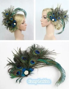 S-D2-2 Peacock Gatsby Headpiece Flapper 1920s Costume Headband Headdress Feather - Picture 1 of 5