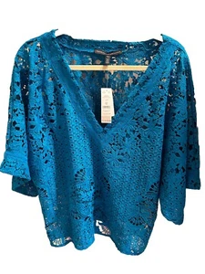 Blusa KIMONO WHITE HOUSE BLACK MARKET Azul Teal Ojales/Encaje/Cuello en V Talla XL NUEVA CON ETIQUETAS - Imagen 1 de 3