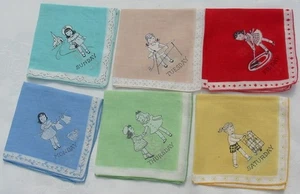 6 Vintage Children's Hankies 1950s DAYS of the WEEK Handkerchiefs Girl Chores - Picture 1 of 5