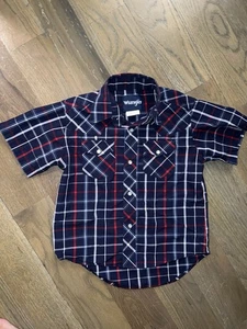 Wrangler Navy Blue Plaid Western Shirt Size Youth Small 5/6 Pearl Snaps Cowboy - Picture 1 of 2