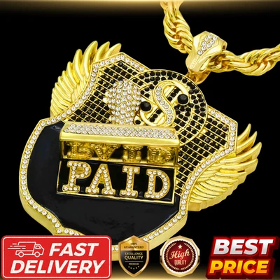 Luxury 14K Gold Tone Iced CZ Paid Money Cash Pendant + 24" Rope Chain Necklace Foto 1 de 4