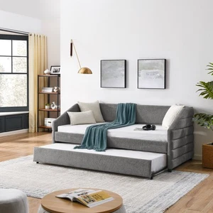 Twin Daybed w/Trundle Upholstered Tufted Sofa Bed Linen Fabric Grey 0895 - Picture 1 of 12