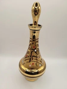 Bohemian Style Vintage Liqueur Decanter Amber Glass Gilded Gold Trim 10.5" - Picture 1 of 8
