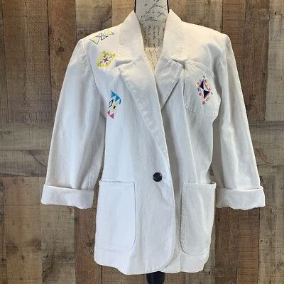 Chaqueta Blazer De Colección Fstop Años 90 Blanca Azteca Bordada Hecha en EE. UU. Para Mujer Talla M Foto 1 de 4