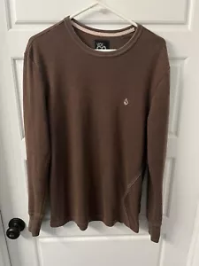 Volcom Thermal Shirt Mens Medium Brown Waffle Knit Long Sleeve Logo Skater Surf - Picture 1 of 8