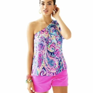 Lilly Pulitzer Fifer Silk Top Size XS One-Shoulder Psychedelic Sunshine Pink NWT - Picture 1 of 8