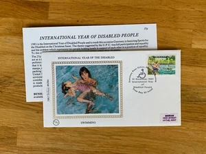 GUERNSEY 1981 FDC BENHAM DISABLED YEAR AT WORK SWIMMING + INSERT - Picture 1 of 1