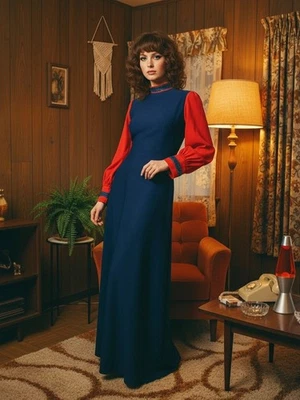 WOMEN'S/LADIES 70’S VINTAGE, RED/BLUE ABSTRACT HIGH NECK MAXI RETRO DRESS - Image 1 of 4