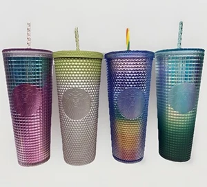 Lot (4) Starbucks Tumbler 24 oz Venti Iridescent Ombré Studded Grid Green Blue + - Picture 1 of 18