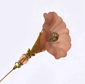 Peach MORNING GLORY HATPIN with Pearl on Gold Finish Setting - 8 inch - Picture 1 of 14