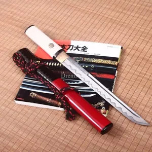 Damascus Folded Steel Tanto Self-defence Japanese Short Sword Sharp Ox Horn Saya - Picture 1 of 18