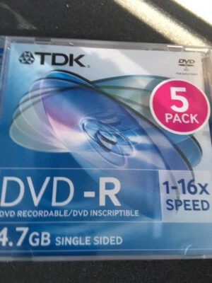 TDK DVD-R Recordable Discs 5 Pack 120Min 4.7GB 1 x 16 Speed Single Sided See Pic - Image 1 of 2