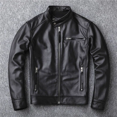 Genuine Leather Jacket Men's Short Handsome Stand-up Collar Motorcycle New Coats - Image 1 of 4
