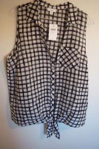 NWT J. Jill Black/White Tie Front Button Up Windowpane Plaid Blouse Size M - Picture 1 of 4