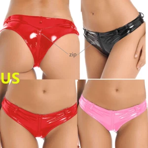Womens Shiny PVC Leather Bikini Briefs Wet Look Low Rise Thong Booty Clubwear - Picture 1 of 39