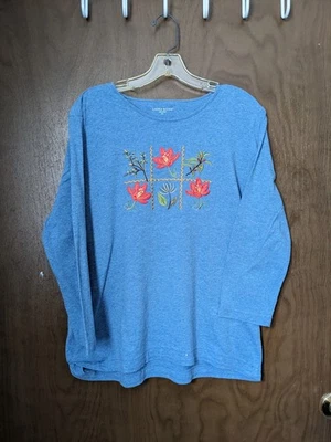 Top informal Grandmacore Laura Scott para mujer XL azul manga larga bordado floral Foto 1 de 4