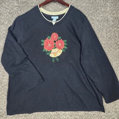 Sudadera de Navidad Liz & Me para mujer 2X negra con lentejuelas bordadas de flor de pascua Foto 1 de 4