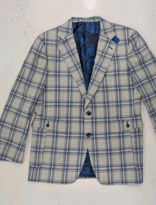 Custom Tailored Plaid Linen-Blend Sport Coat – Blue & Cream Check – 40R – Lined - Picture 1 of 11