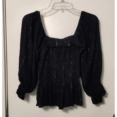 Blusa campesina negra para mujer Miami con volantes peplum dorada metálica grande Foto 1 de 4