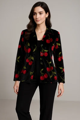 Quacker Factory Jacket Womens M Black Velvet Plush Cherry Embellished Blazer - Image 1 of 4