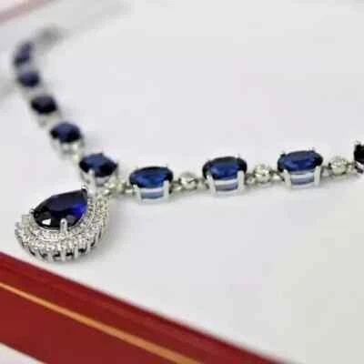 14Ct Oval Lab-Created Sapphire Women Party Wear Necklace 14K Wh Gold Plated 18" - Image 1 of 4