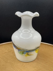 Opal Glass Hand Blown Murano Style Vase Bright Color Swirl Fluted Rim Vintage - Picture 1 of 13