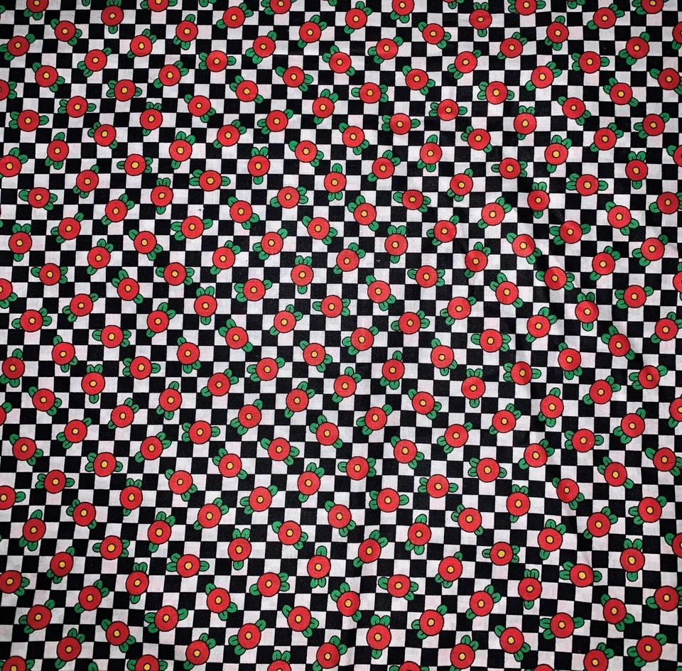 Tela Mary Engelbreit 1994 rara ~ huevo frito rojo floral ~ cheques negros ~ 2 yardas x 44" Foto 1 de 1