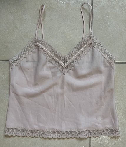 Top cami rosa Christian Dior taglia M scollo a V senza maniche spalline spaghetti orlo in pizzo