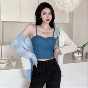 Summer Denim Top with Chest Pads Crop Top Fashion Sleeveless Top Street - Picture 1 of 9
