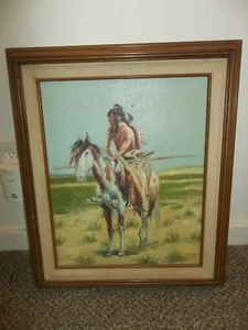 PINTURA AL ÓLEO GUERRERO NATIVO AMERICANO - Imagen 1 de 2