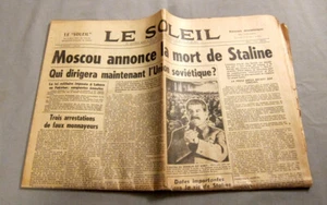 Original Le Soleil de Quebec muerte de Staline 6 de marzo. Periódico francés 1953 - Imagen 1 de 1