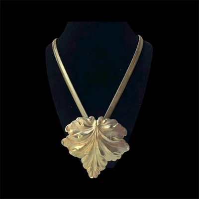 Vintage Gold  LEAF  Necklace Gold Tone Snake Chain Runway Statement - Image 1 of 4